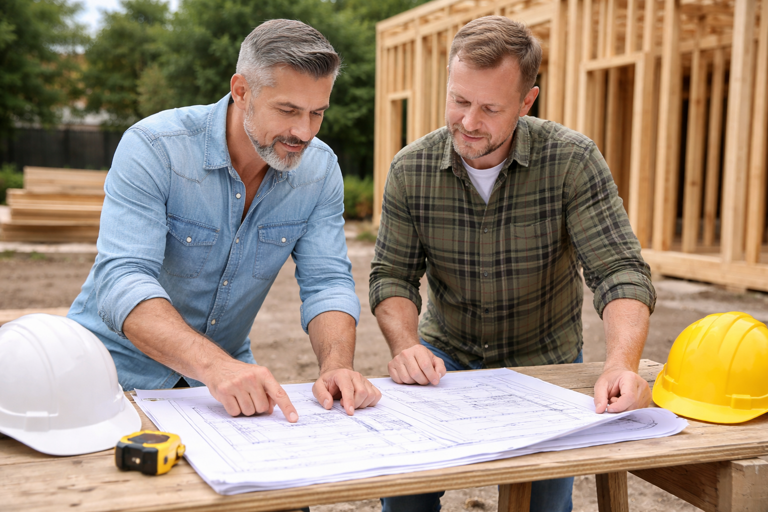 Modern Construx contractors reviewing plans